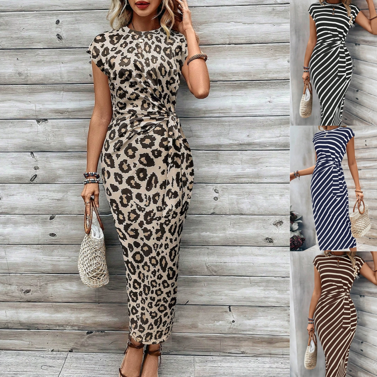 Women's Striped Color Block Knot Bodycon Maxi Dress Tie Waist Leopard Print Summer Beach Vacation Party Dress - Seldom Seen Styles