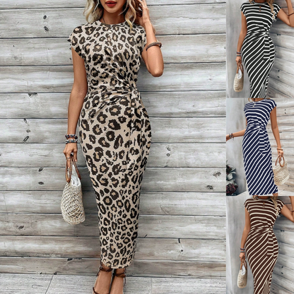 Women's Striped Color Block Knot Bodycon Maxi Dress Tie Waist Leopard Print Summer Beach Vacation Party Dress