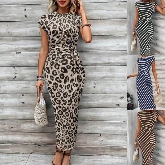 Women's Striped Color Block Knot Bodycon Maxi Dress Tie Waist Leopard Print Summer Beach Vacation Party Dress - Seldom Seen Styles