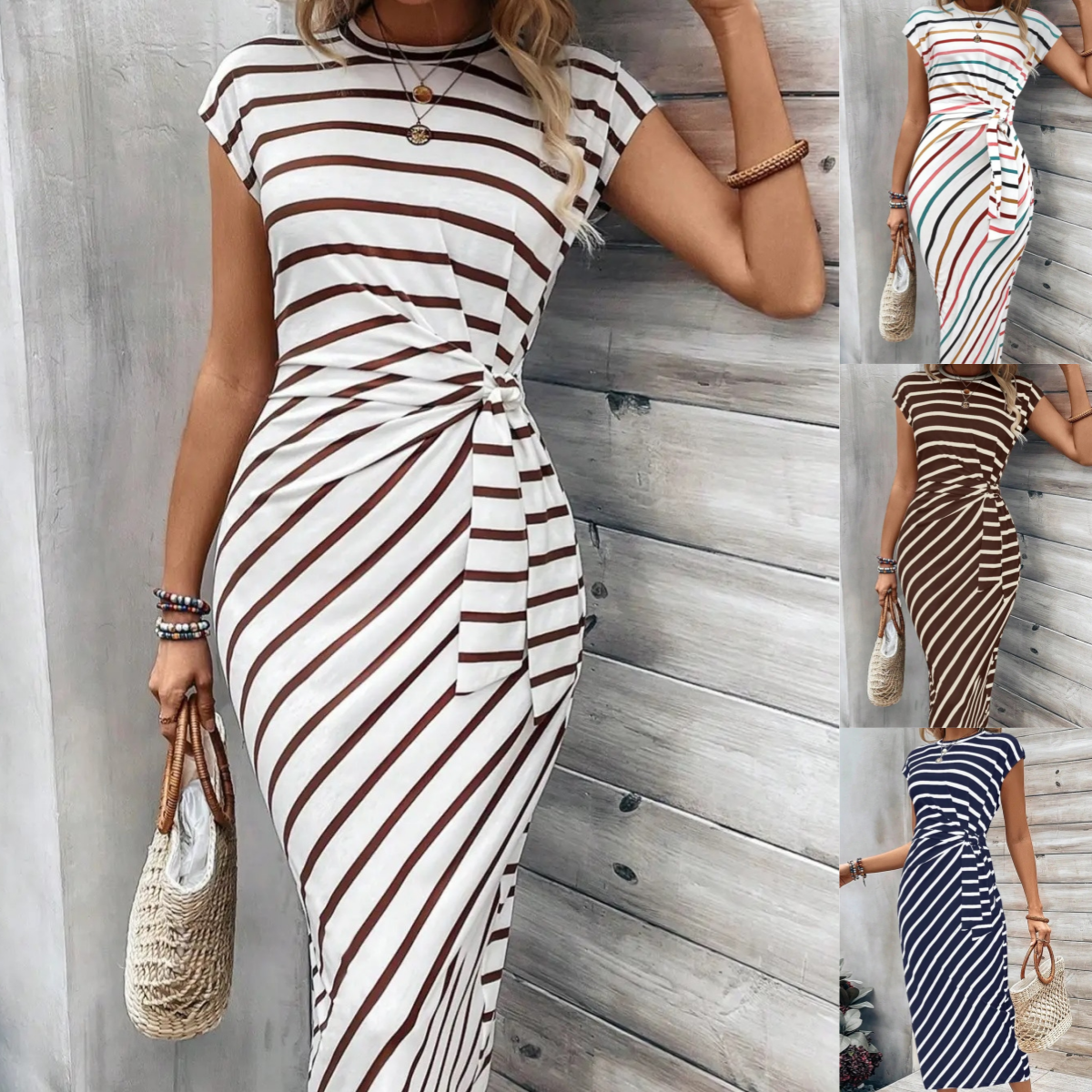Women's Striped Color Block Knot Bodycon Maxi Dress Tie Waist Leopard Print Summer Beach Vacation Party Dress - Seldom Seen Styles