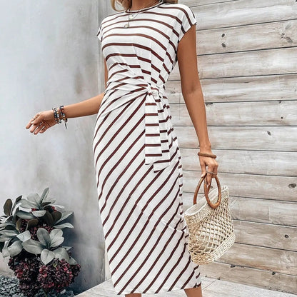 Women's Striped Color Block Knot Bodycon Maxi Dress Tie Waist Leopard Print Summer Beach Vacation Party Dress