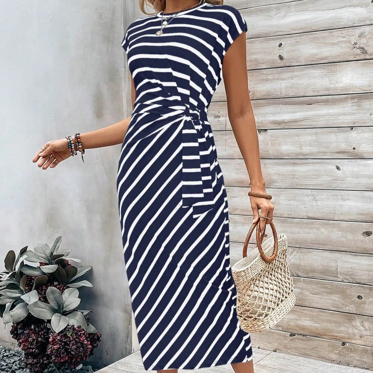 Women's Striped Color Block Knot Bodycon Maxi Dress Tie Waist Leopard Print Summer Beach Vacation Party Dress - Seldom Seen Styles