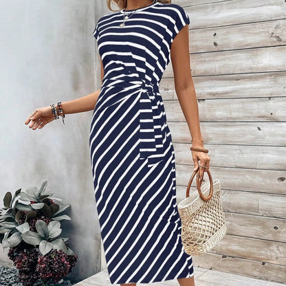 Women's Striped Color Block Knot Bodycon Maxi Dress Tie Waist Leopard Print Summer Beach Vacation Party Dress