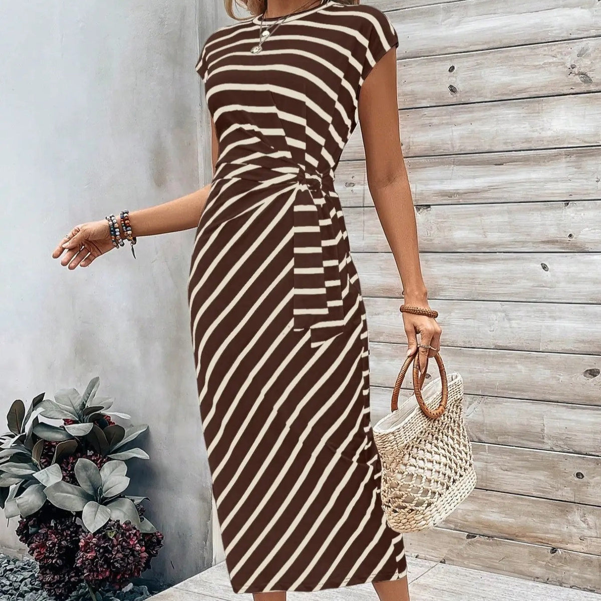 Women's Striped Color Block Knot Bodycon Maxi Dress Tie Waist Leopard Print Summer Beach Vacation Party Dress - Seldom Seen Styles