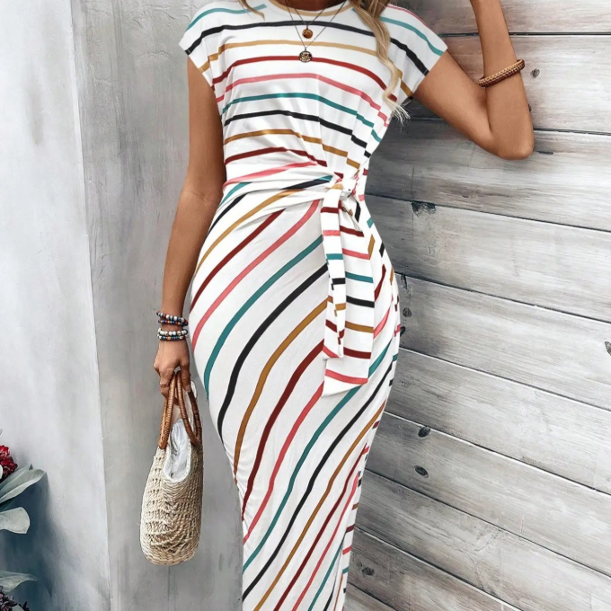 Women's Striped Color Block Knot Bodycon Maxi Dress Tie Waist Leopard Print Summer Beach Vacation Party Dress - Seldom Seen Styles