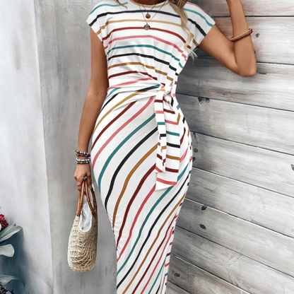 Women's Striped Color Block Knot Bodycon Maxi Dress Tie Waist Leopard Print Summer Beach Vacation Party Dress
