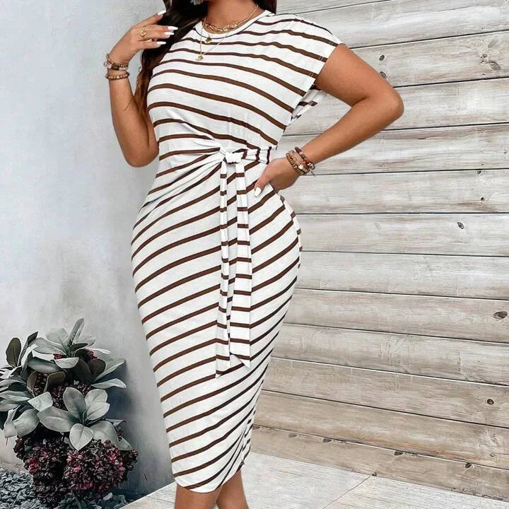 Women's Striped Color Block Knot Bodycon Maxi Dress Tie Waist Leopard Print Summer Beach Vacation Party Dress - Seldom Seen Styles