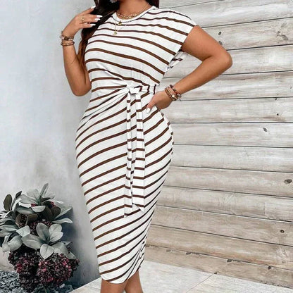 Women's Striped Color Block Knot Bodycon Maxi Dress Tie Waist Leopard Print Summer Beach Vacation Party Dress