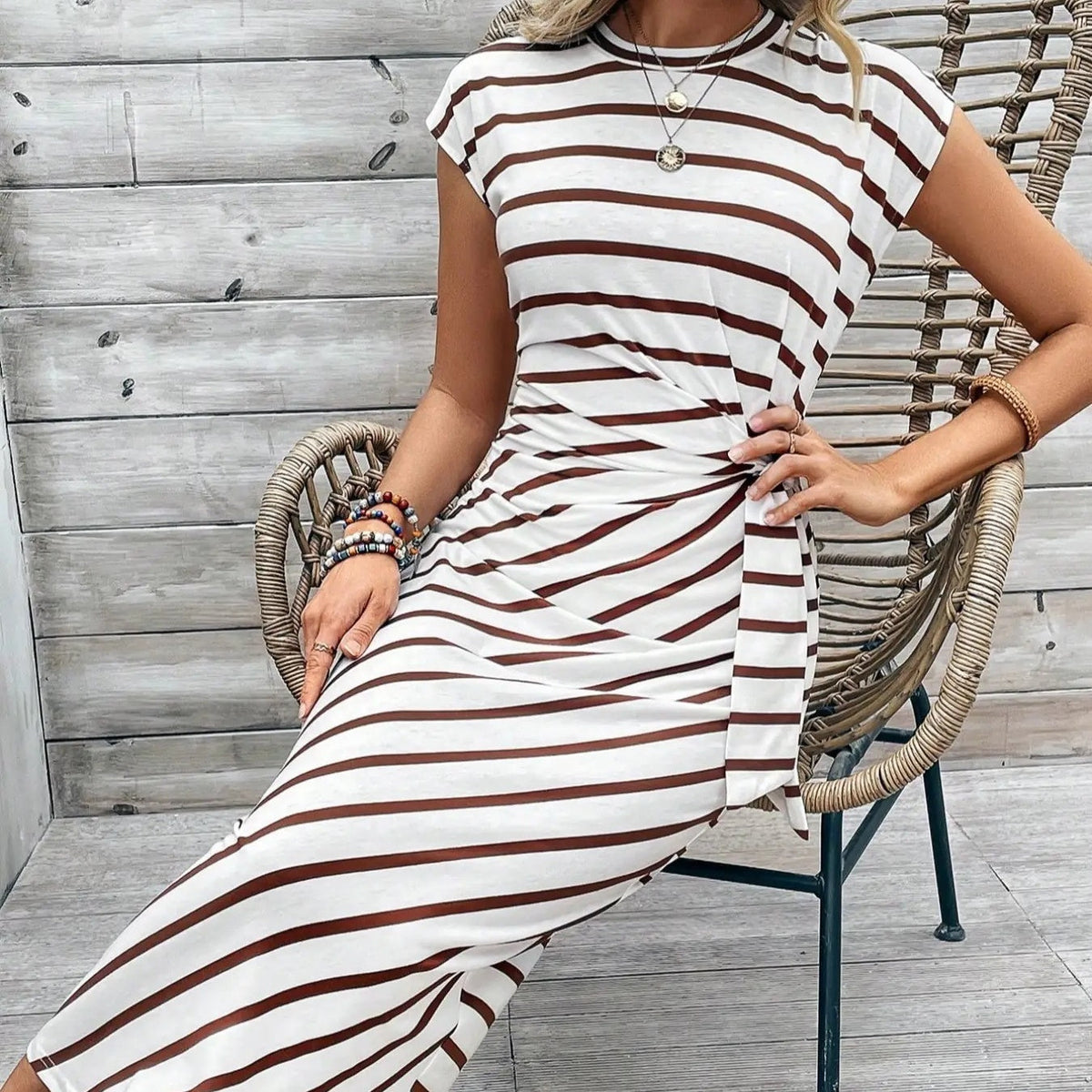 Women's Striped Color Block Knot Bodycon Maxi Dress Tie Waist Leopard Print Summer Beach Vacation Party Dress - Seldom Seen Styles