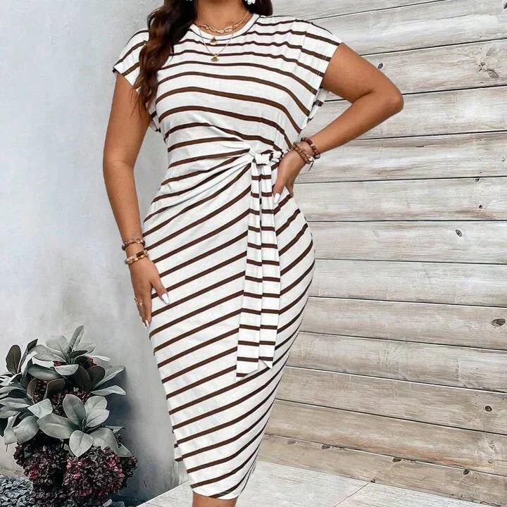 Women's Striped Color Block Knot Bodycon Maxi Dress Tie Waist Leopard Print Summer Beach Vacation Party Dress - Seldom Seen Styles