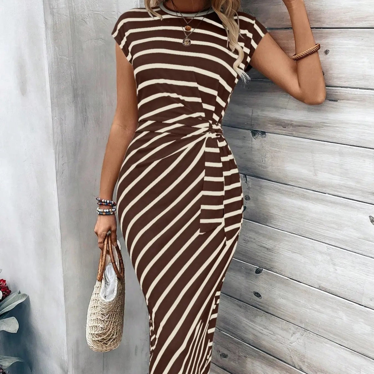 Women's Striped Color Block Knot Bodycon Maxi Dress Tie Waist Leopard Print Summer Beach Vacation Party Dress - Seldom Seen Styles