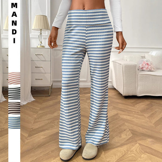 Women's Striped Flare Leg Pants Low Rise Fold Over Waist Casual Long Pants Trousers - Seldom Seen Styles