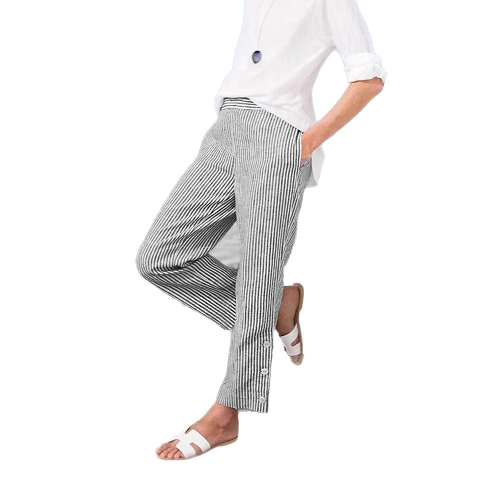 Women's Striped Linen Blend Pants Elastic Waist Casual Beach Pants Relaxed Fit Summer Trousers - Seldom Seen Styles