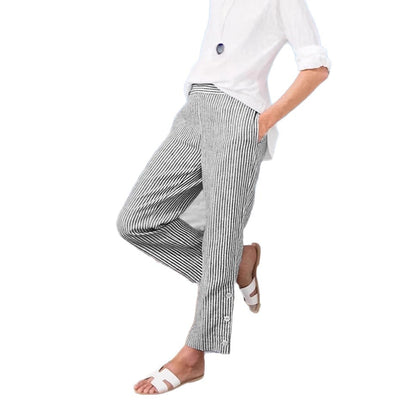 Women's Striped Linen Blend Pants Elastic Waist Casual Beach Pants Relaxed Fit Summer Trousers