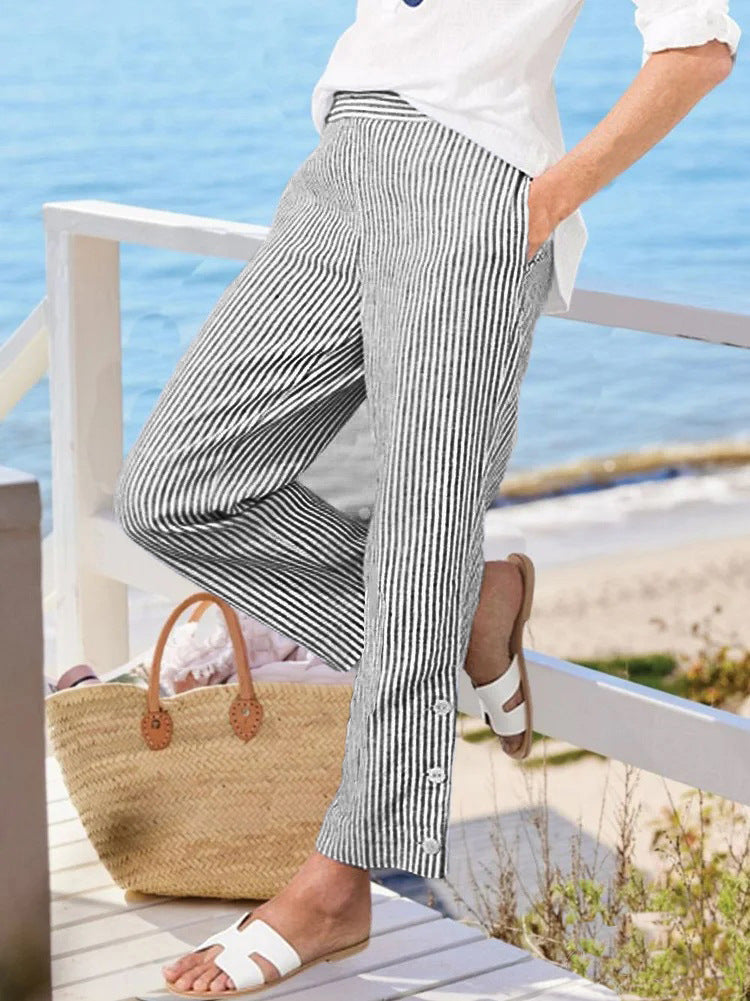 Women's Striped Linen Blend Pants Elastic Waist Casual Beach Pants Relaxed Fit Summer Trousers - Seldom Seen Styles