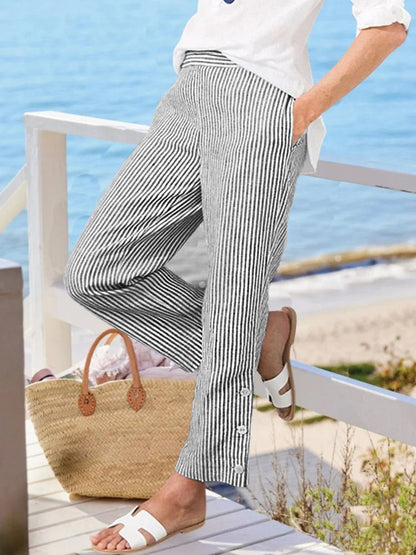 Women's Striped Linen Blend Pants Elastic Waist Casual Beach Pants Relaxed Fit Summer Trousers