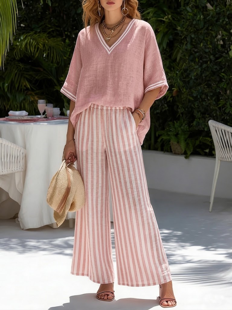 Women's Striped Linen Blend Two-Piece Set – Patchwork Top and Relaxed Trousers - Seldom Seen Styles