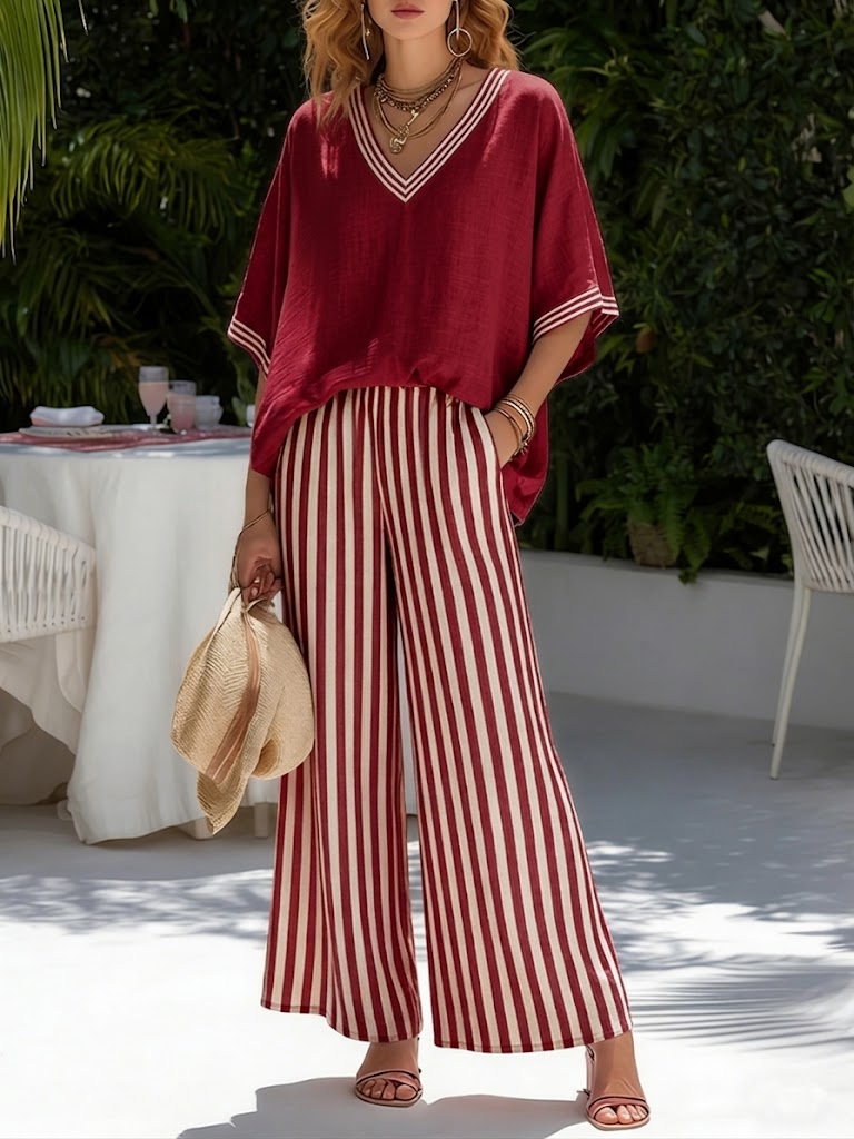 Women's Striped Linen Blend Two-Piece Set – Patchwork Top and Relaxed Trousers - Seldom Seen Styles