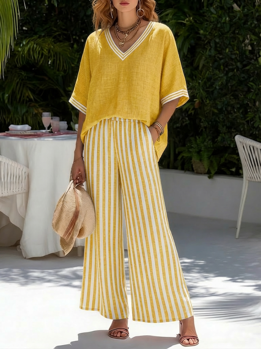 Women's Striped Linen Blend Two-Piece Set – Patchwork Top and Relaxed Trousers - Seldom Seen Styles