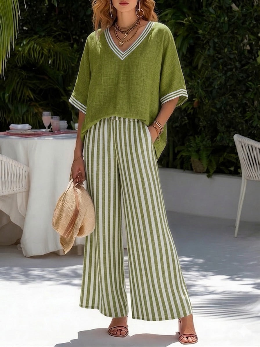 Women's Striped Linen Blend Two-Piece Set – Patchwork Top and Relaxed Trousers - Seldom Seen Styles