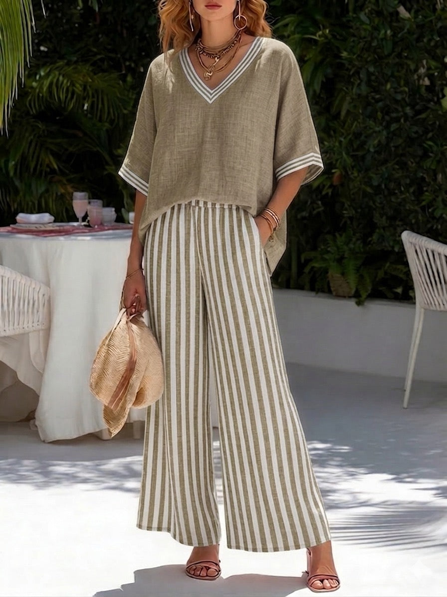 Women's Striped Linen Blend Two-Piece Set – Patchwork Top and Relaxed Trousers - Seldom Seen Styles