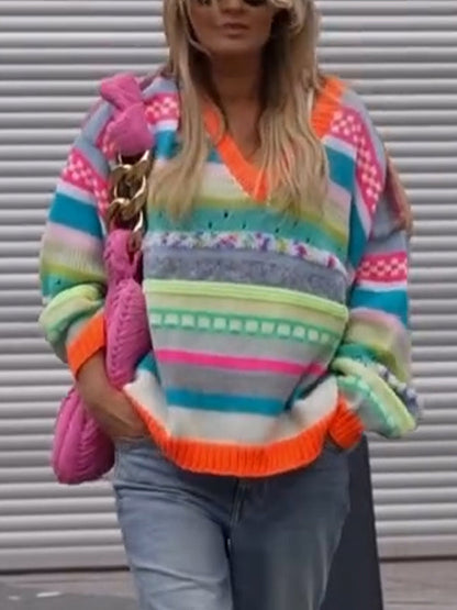 Women's Striped Oversized Sweaters Vacation Drop Shoulder Pullover Fall Cozy Sweater for Women