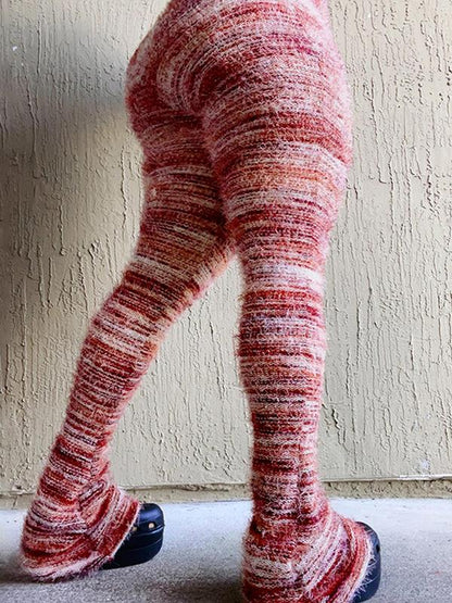 Damen gestreifte Schlaghose aus flauschigem Strick, lässige, bequeme Schlaghose für Herbst & Winter, Damen-Strickmode für den Alltag