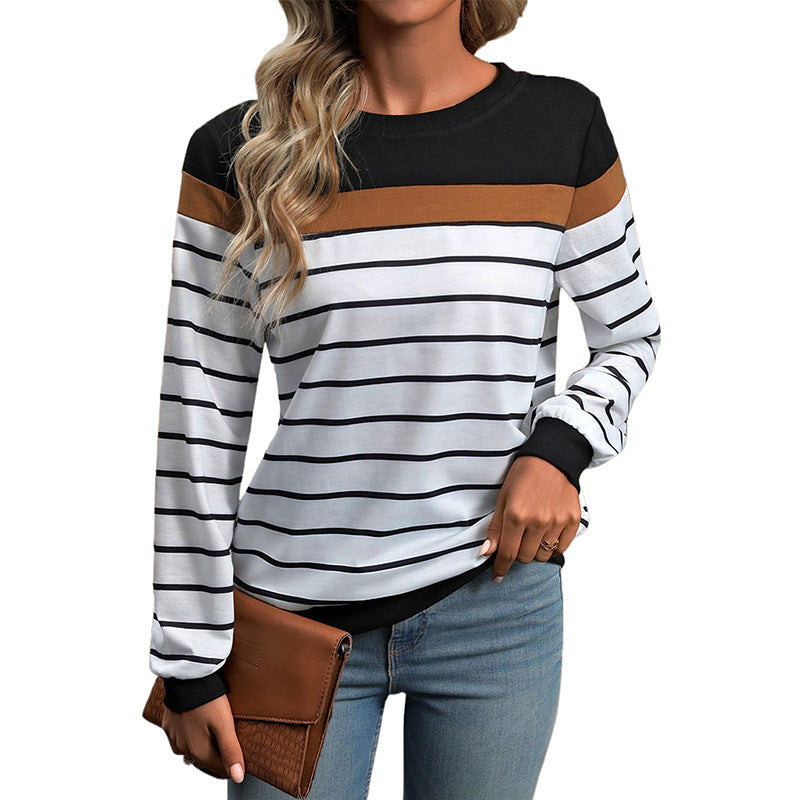 Women's Striped Print Long Sleeve Round Neck Tee Top Colorblock Soft Knit T Shirt - Seldom Seen Styles