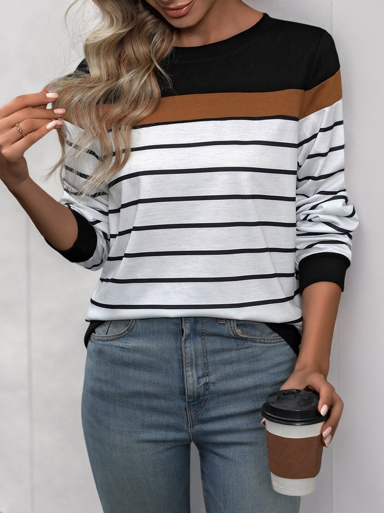 Women's Striped Print Long Sleeve Round Neck Tee Top Colorblock Soft Knit T Shirt - Seldom Seen Styles