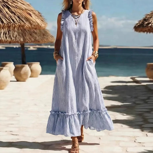 Women's Striped Sleeveless Ruffle Hem Loose Dress Casual Summer Beach Vacation Midi Dress - Seldom Seen Styles