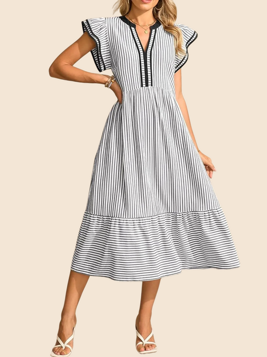 Women's Striped V-Neck Flutter Sleeve Long Dress - Seldom Seen Styles
