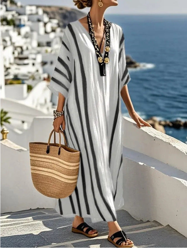 Women's Striped V-Neck Kaftan Batwing Sleeve Maxi Dress Boho Beach Resort - Seldom Seen Styles