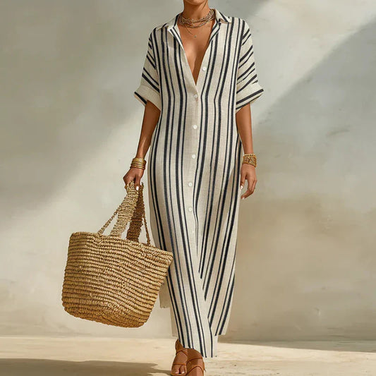 Women's Striped V-Neck Short Sleeve Maxi Dress | Casual Summer Kaftan Dress - Seldom Seen Styles