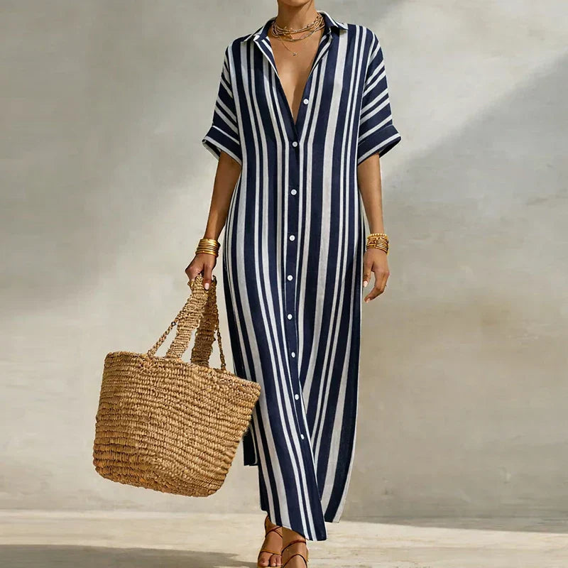 Women's Striped V-Neck Short Sleeve Maxi Dress | Casual Summer Kaftan Dress - Seldom Seen Styles