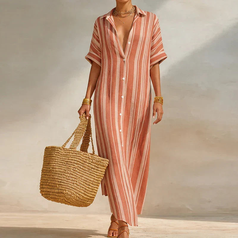 Women's Striped V-Neck Short Sleeve Maxi Dress | Casual Summer Kaftan Dress - Seldom Seen Styles