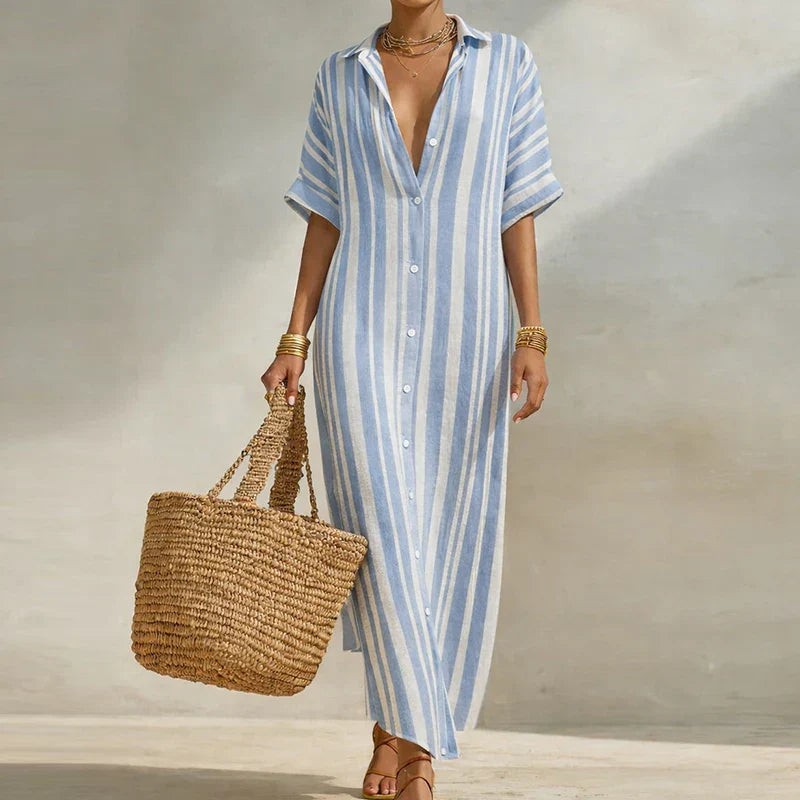 Women's Striped V-Neck Short Sleeve Maxi Dress | Casual Summer Kaftan Dress - Seldom Seen Styles