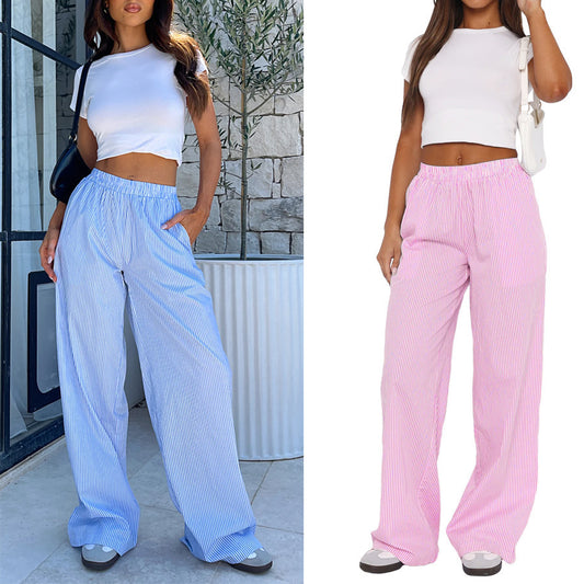 Women's Striped Wide Leg Pants High Waist Loose Casual Street Summer Vacation Trousers - Seldom Seen Styles
