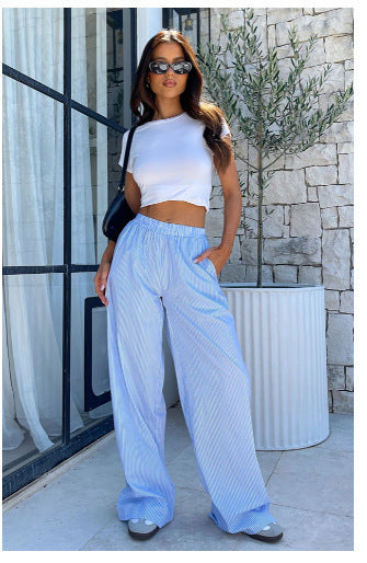 Women's Striped Wide Leg Pants High Waist Loose Casual Street Summer Vacation Trousers - Seldom Seen Styles