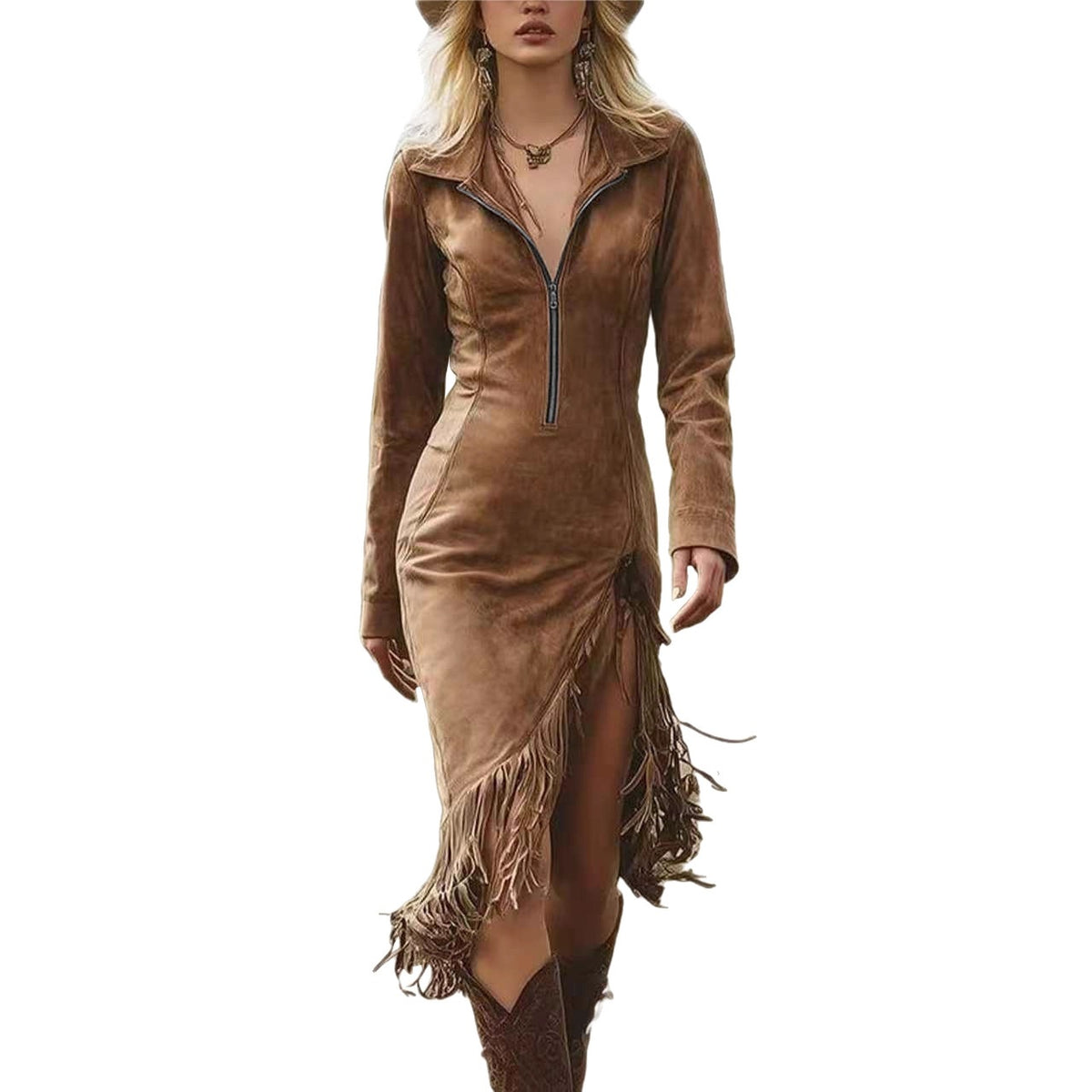 Women's Suede Fringe Slim Long Sleeve Midi Dress Western Style Fall Winter Casual Chic Plus Size - Seldom Seen Styles