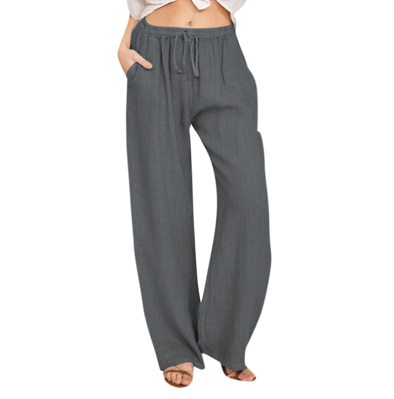 Women's Summer Drawstring Waist Wide Leg Loose Cotton Linen Palazzo Pants - Seldom Seen Styles
