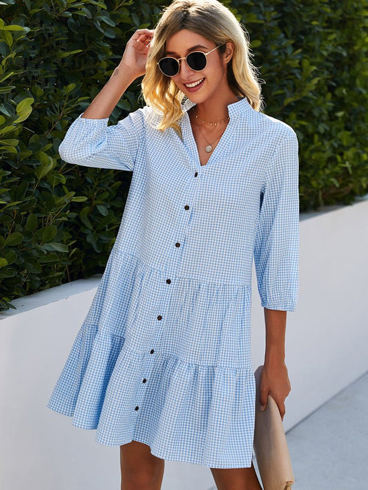 Women's Summer Dresses Casual V Neck Button Down 3/4 Sleeve Floral Print Loose Flowy Shirt Dress - Seldom Seen Styles