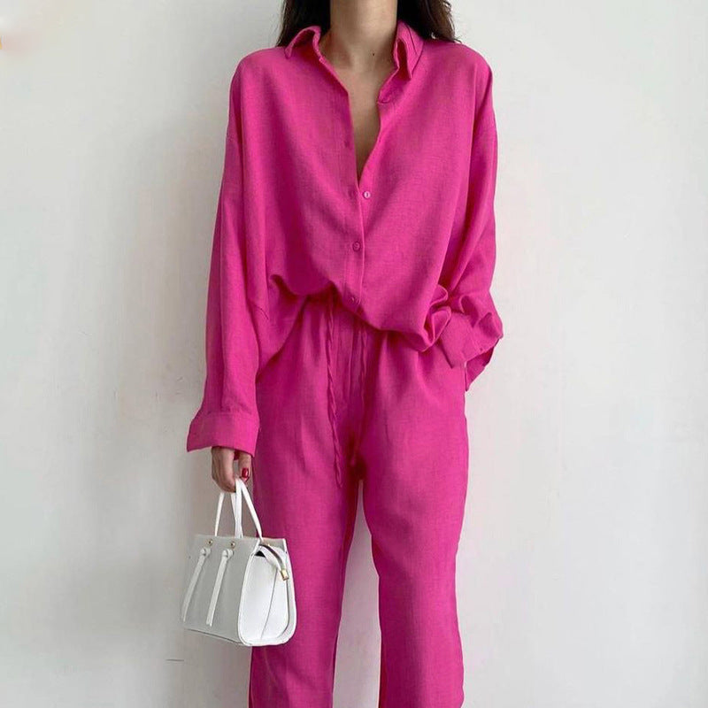 Women's Summer Linen Button Up Shirt Wide Leg Pants Set