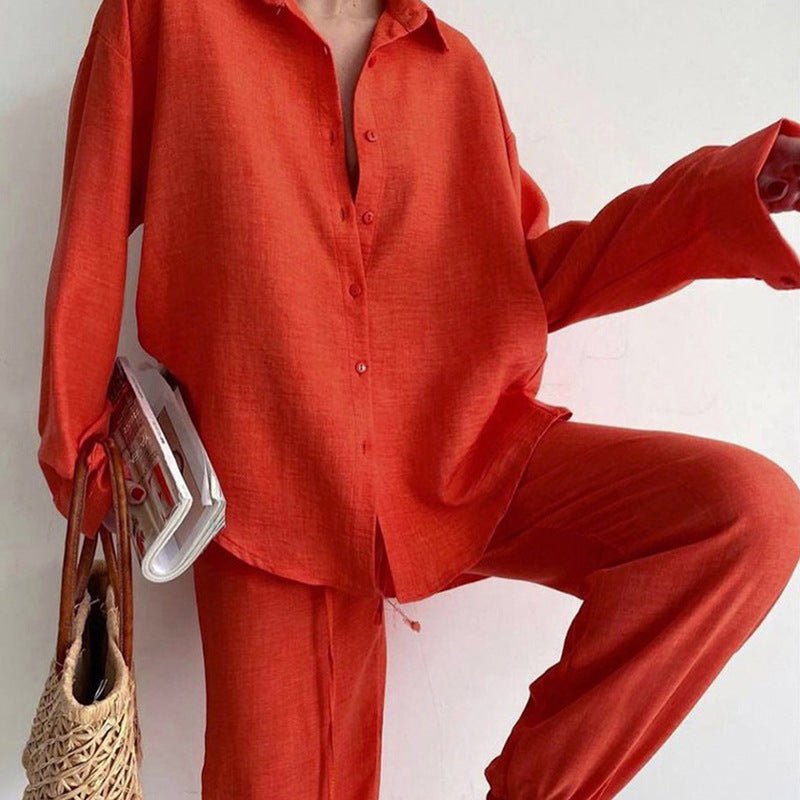Women's Summer Linen Button Up Shirt Wide Leg Pants Set