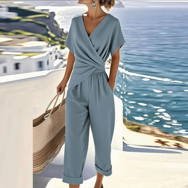 Women's Summer One Piece Jumpsuits Belted Short Sleeve Wrap V Neck Fashion Dressy Casual Wide Leg Pants Romper - Seldom Seen Styles