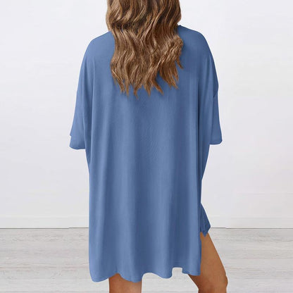 Women's Summer Two-Piece Set 2025 Casual Oversized Crewneck Split Hem Shirts & Side Pocket Biker Shorts Minimalist Lounge Wear Soft Viscose Fabric Comfy Homewear Cozy Pjs