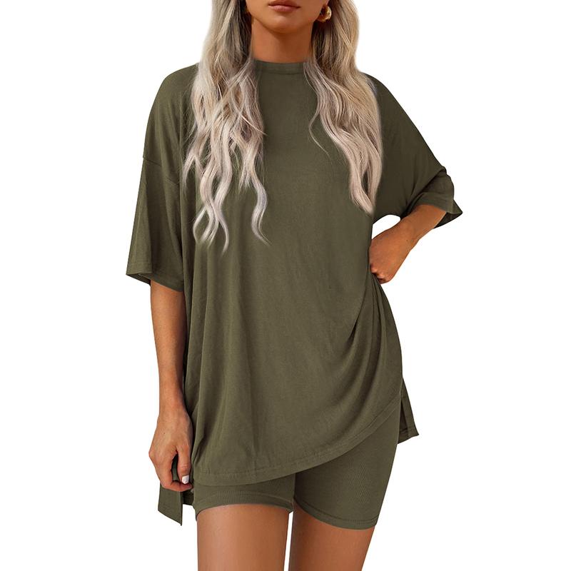Women's Summer Two-Piece Set 2025 Casual Oversized Crewneck Split Hem Shirts & Side Pocket Biker Shorts Minimalist Lounge Wear Soft Viscose Fabric Comfy Homewear Cozy Pjs - Seldom Seen Styles