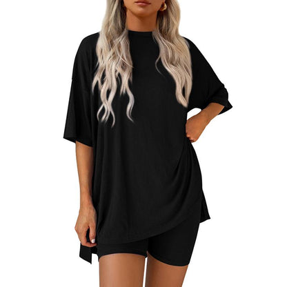 Women's Summer Two-Piece Set 2025 Casual Oversized Crewneck Split Hem Shirts & Side Pocket Biker Shorts Minimalist Lounge Wear Soft Viscose Fabric Comfy Homewear Cozy Pjs