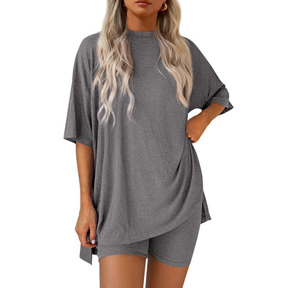 Women's Summer Two-Piece Set 2025 Casual Oversized Crewneck Split Hem Shirts & Side Pocket Biker Shorts Minimalist Lounge Wear Soft Viscose Fabric Comfy Homewear Cozy Pjs