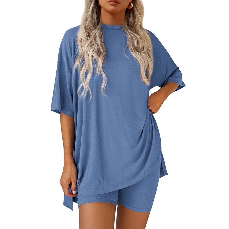 Women's Summer Two-Piece Set 2025 Casual Oversized Crewneck Split Hem Shirts & Side Pocket Biker Shorts Minimalist Lounge Wear Soft Viscose Fabric Comfy Homewear Cozy Pjs - Seldom Seen Styles