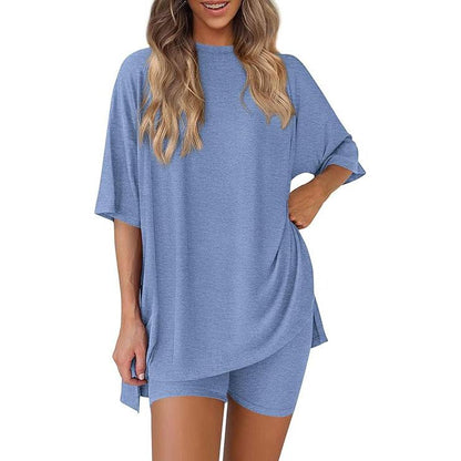 Women's Summer Two-Piece Set 2025 Casual Oversized Crewneck Split Hem Shirts & Side Pocket Biker Shorts Minimalist Lounge Wear Soft Viscose Fabric Comfy Homewear Cozy Pjs